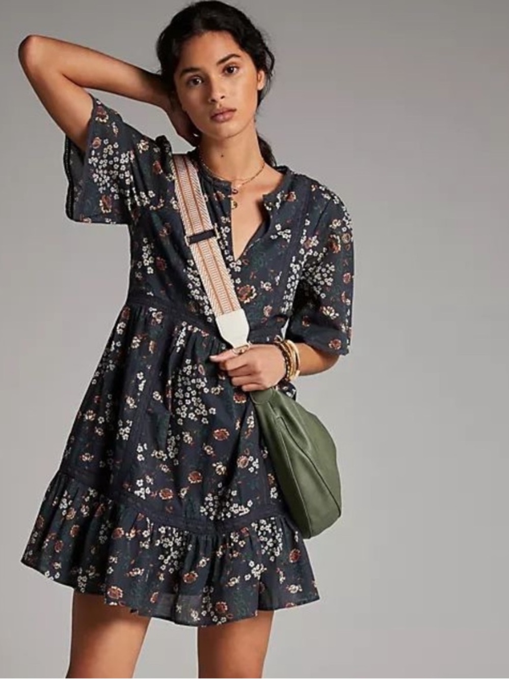 Anthropologie Navy Floral Cotton Flutter Sleeve Tiered Mini Dress Size S